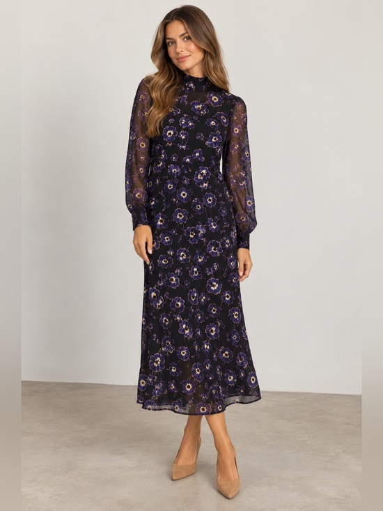 Ganni Dresses & Skirts - GANNI Floral Midi Dress Black Purple Long Sleeve Size 38/US size 6